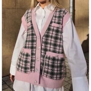 Zara plaid knit fuzzy academia vest with pearl buttons size small
